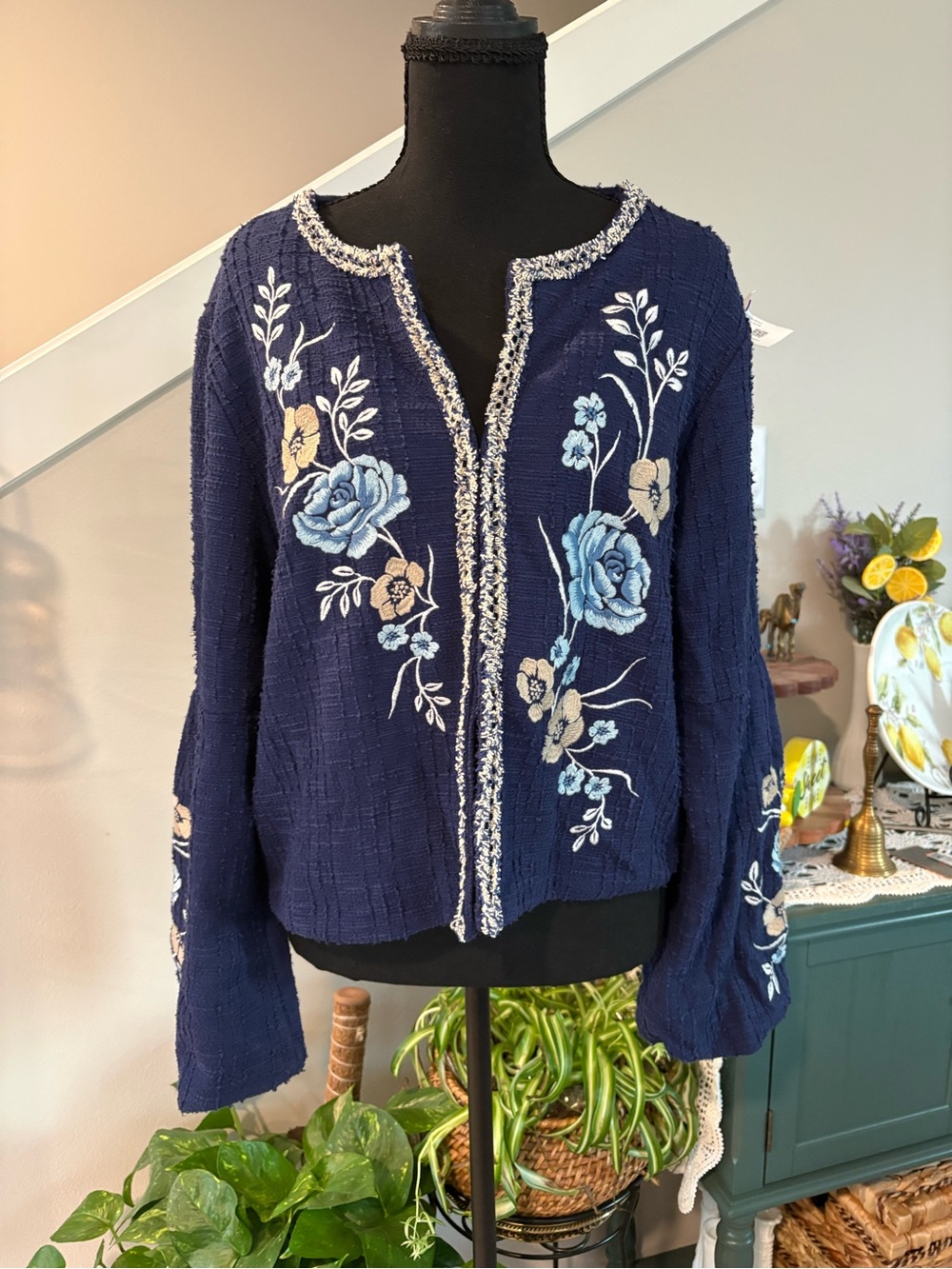 Cupio Navy Blue Embroidered Floral Cardigan